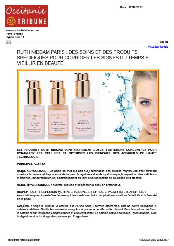 Article dans le magazine Occitanie TRIBUNE sur les produits de Ruth Niddam.