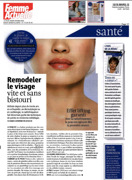Article dans le magazine Femme Actuelle  sur le remodelage du visage vite et sans bistouri