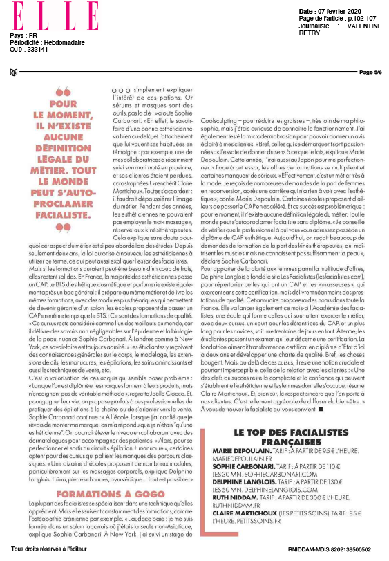 Article dans le magazine 'ELLE' parlant des Tops des facialistes françaises.